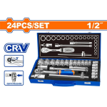 24 Pcs 1/2″ Socket | Guti Set  Cr-V (Chrome Vanadium) With Ratchet  Universal Joint | Spark Plug Socket  & Extension Bar in a Metal Box WADFOW | WST2L24